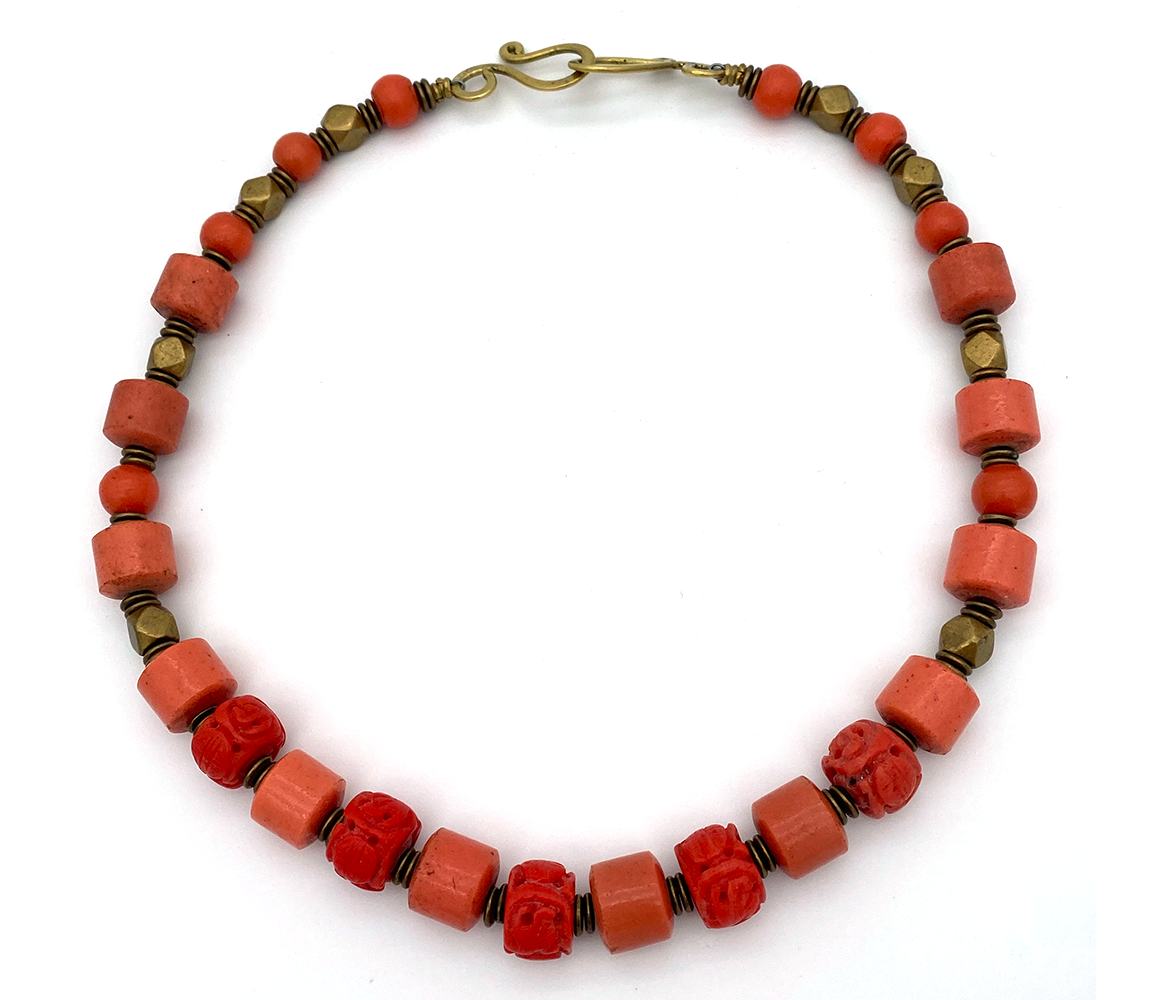 Danielle Carbone Coral and Glass Beads with Brass Necklace